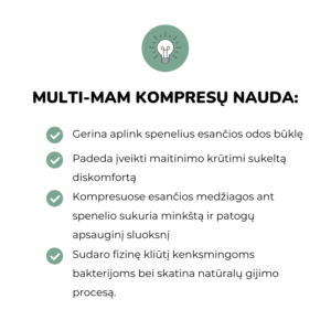 Multi-Mam kompresai speneliams kompresai jautrių spenelių priežiūrai krūtimi maitinančioms motinoms žindymo diskomfortas spenelių sutrūkinėjimas sausa spenelių oda Mylu.lt kosmetika