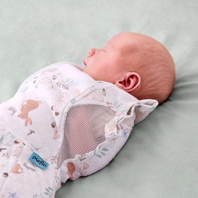 Purflo® vystyklas-miegmaišis 0,5 TOG (0-4 mėn.) Purflo vystyklas-miegmaišis kūdikio vystymas saugus kūdikio miegas miego patarimai kūdikio miego apranga naujagimio vystymas naujagimio vystyklai