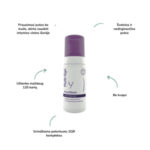 Multi-Gyn FemiWash prausiklis, 100ml imtymios higienos prausiklis itin švelnus prausiklis 2QR kompleksas prausimosi putos be muilo imtymos higienos flora Myu.lt kosmetika mamos imtymi higiena