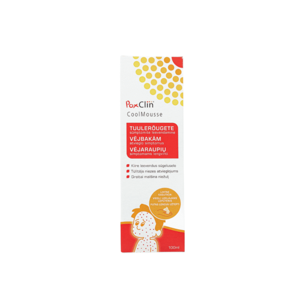 PoxClin CoolMouse vėsinamosios putos vėjarapių simptomams lengvinti, 100 ml vėjaraupiai niežėjimas