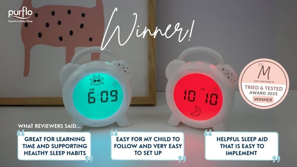 Purflo® miego treniruoklis laikrodis „Snoozee“ vaiko laikrodis melatonino gamyba mėlyna šviesa raudona šviesa vaiko miegas