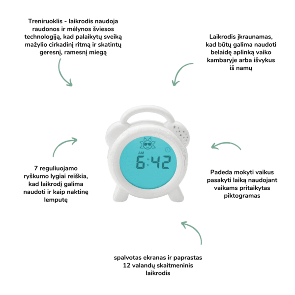Purflo® miego treniruoklis laikrodis „Snoozee“ vaiko laikrodis melatonino gamyba mėlyna šviesa raudona šviesa vaiko miegas 3 Purflo® miego treniruoklis laikrodis „Snoozee“ vaiko laikrodis melatonino gamyba mėlyna šviesa raudona šviesa vaiko miegas