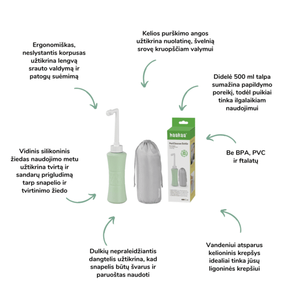 Haakaa intymios higienos prausimosi buteliukas PeriCleanse, 500 ml tarpvietės higiena po gimdymo tarpvietės priežiūra po gimdymo gimdymas
