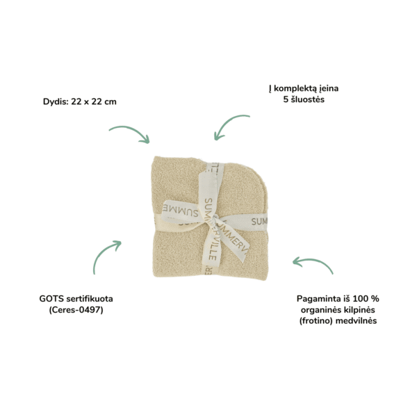 Summerville organinės medvilnės šluostės, 5 vnt.
