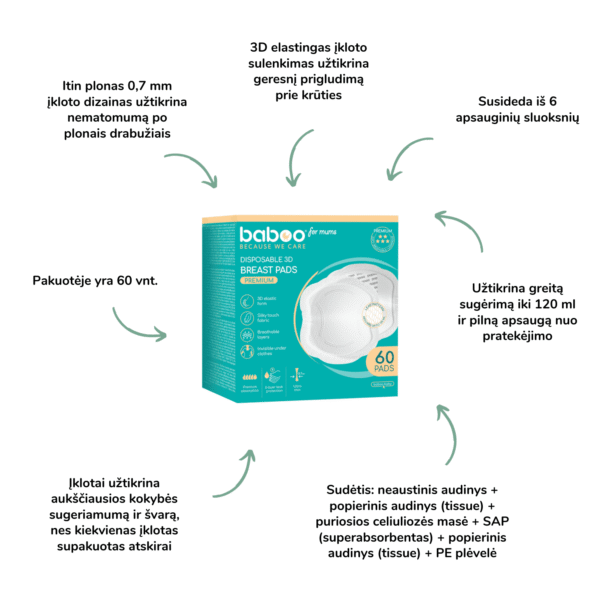 Baboo Premium įklotai į liemenėlę, 60 vnt. klotai žindant pagalba žindant kūdikio žindymas
