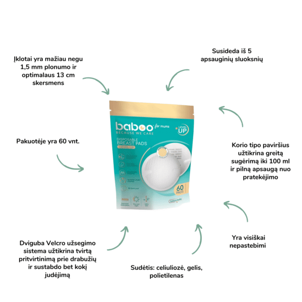 Baboo įklotai į liemenėlę, 60 vnt. įklotai žindant pagalba žindant kūdikio žindymas