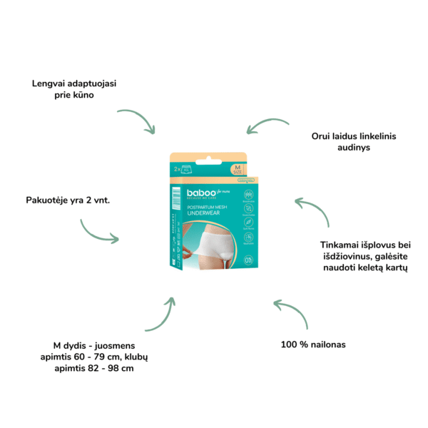 Baboo kelnaitės po gimdymo (2 vnt.), M dydis mamos priežiūra po gimdymo pagalba po gimdymo pogimdyminės kelnaitės