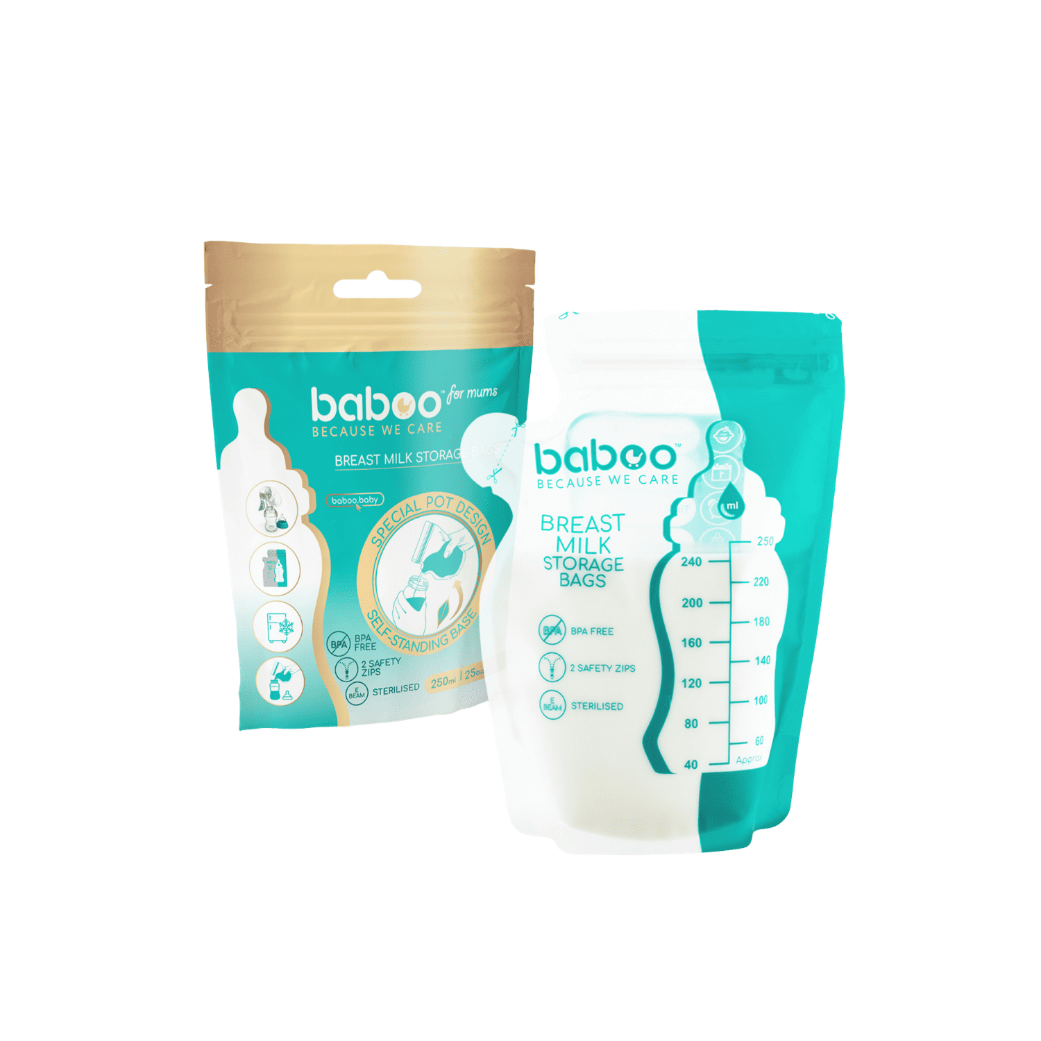 Baboo maišeliai mamos pienui laikyti, 25 vnt, 250 ml