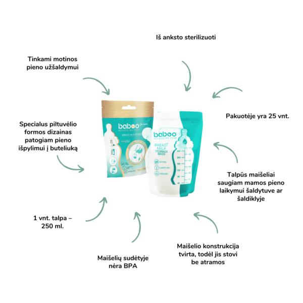 Baboo maišeliai mamos pienui laikyti, 25 vnt, 250 ml maišeliai pieno saugojimui Mylu.lt patarimai žindymui pieno nutraukimas pagalba žindymui