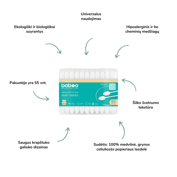 Baboo medvilniniai ausų krapštukai su apsauga, 55 vnt. kūdikio priežiūra naujagimio priežiūra saugūs ausų krapštukai kūdikio higiena